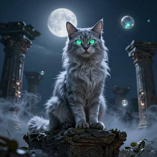 Photorealistic digital art of a glowing green-eyed, fluffy white cat sitting on an ancient stone pedestal under a full moon, surrounded by ruined columns and