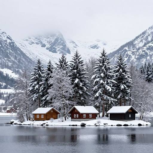 Photograph of a snowy, mountainous lakeside scene with two wooden cabins, surrounded by snow-covered evergreen trees, and reflected in the calm water