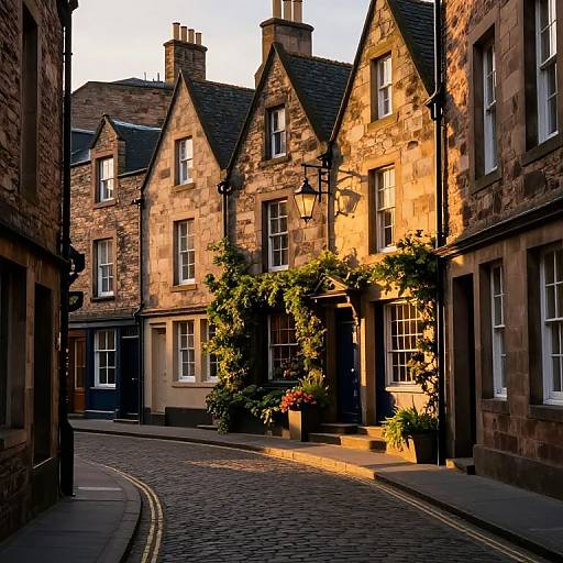 Photograph of a charming, sunlit, cobblestone street with historic, stone-built houses featuring dark doors, tall windows, and climbing ivy
