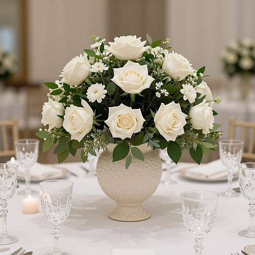 Photograph of a white rose and greenery floral centerpiece in a textured vase, surrounded by crystal glasses, candles, and a white tablecloth in a