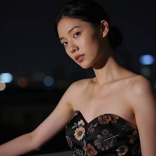 Photograph of an Asian woman with fair skin, dark hair in a bun, wearing a black floral strapless dress, illuminated against a dark night background