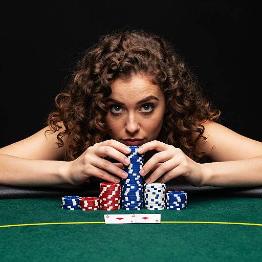 Photograph of a determined woman with curly brown hair, intensely focusing on stacking colorful poker chips on a green casino table.