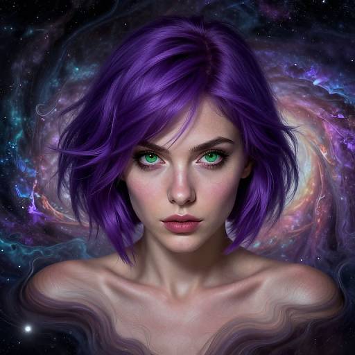 Digital portrait of a fair-skinned woman with vibrant purple hair and green eyes, set against a cosmic, nebula-like background.