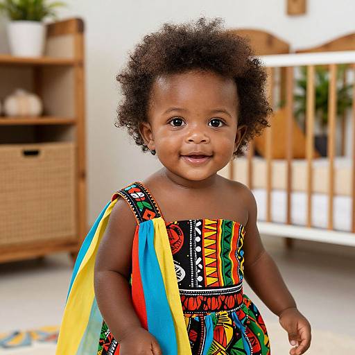 Photograph of a smiling African toddler with curly hair, wearing a colorful, patterned dress with multicolored fabric ribbons, standing in a bright