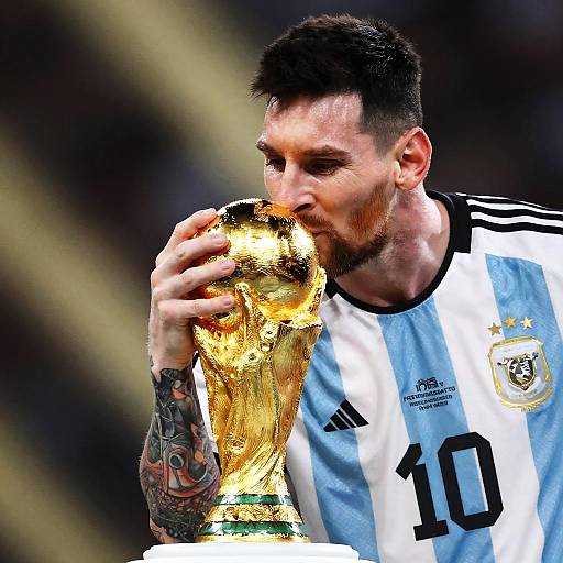 Photograph of a tattooed Argentine male soccer player in white and sky-blue jersey, numbered 10, kissing the golden World Cup trophy. Blurred