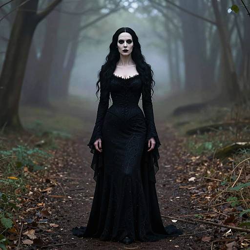 Mysterious woman in black lace dress with long, wavy hair stands in foggy forest path, pale face, dark lipstick. Photorealistic digital