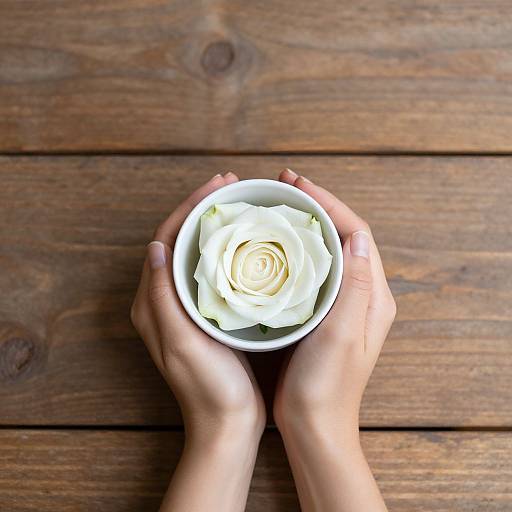 Photograph of two hands holding a white ceramic bowl with a white rose, centered on a rustic wooden table.