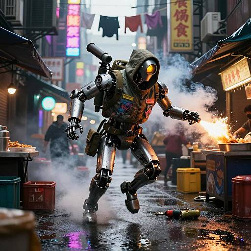 Urban Robot Courier in Neon Alley
