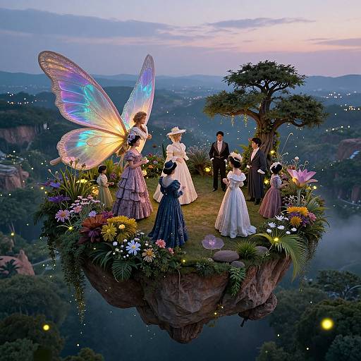 Fantastical fairy-tale scene: six intricately dressed people, including a fairy with glowing wings, on a floating floral island at twilight, surrounded