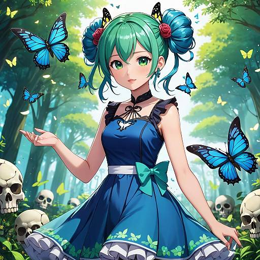 Anime-style digital artwork of a green-haired girl in a blue dress with butterfly hairpins, surrounded by blue butterflies and skulls in a forest.