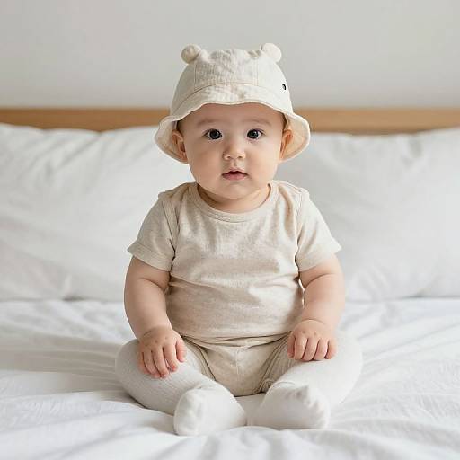Photograph of a chubby, fair-skinned baby with large dark eyes, wearing a beige hat with bear ears, matching outfit, and white socks,