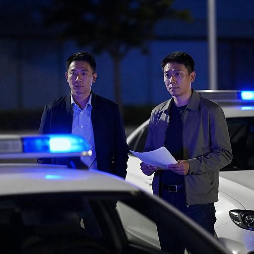 Two men standing near police cars at night