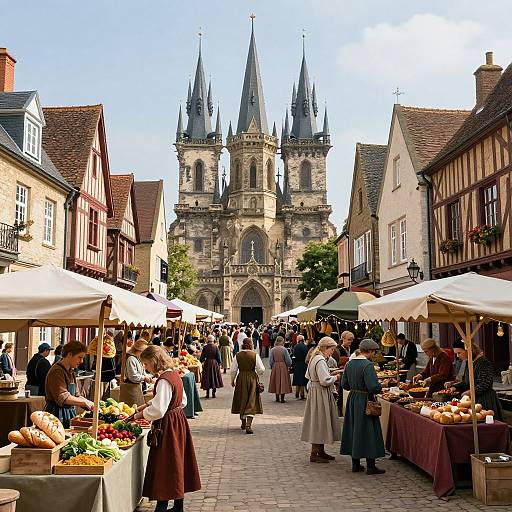 Photograph of a bustling medieval market street with vendors selling fruits and vegetables under white umbrellas, leading to a grand Gothic cathedral with twin spires in