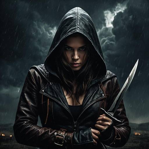 Mysterious Hooded Woman with Knife in Stormy Night