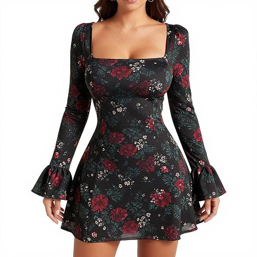 Photograph of a woman in a black floral dress with red and white flowers, long sleeves, square neckline, and flared cuffs.