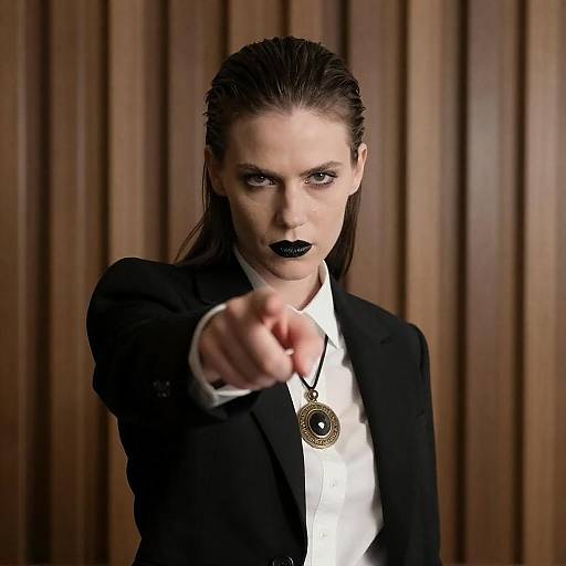 Woman with Intense Expression Pointing Forward