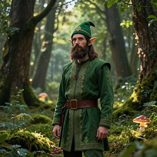 Photorealistic digital image of a bearded elf with pointed ears, green tunic, and hat standing in a sunlit forest, surrounded by mushrooms