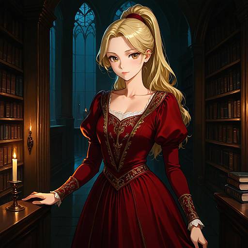 Blonde Woman in Red Renaissance Dress in Candlelit Library