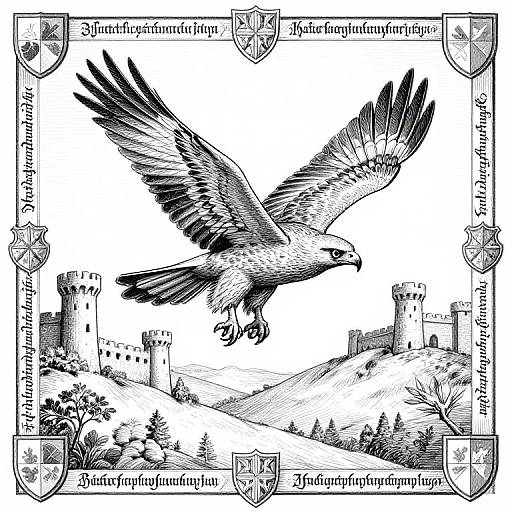 Black-and-white illustration of a flying eagle over medieval castle ruins, surrounded by heraldic shields with German text, detailed linework.