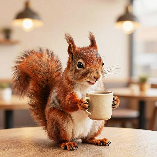 Photorealistic image of a cute, fluffy red squirrel with a white belly, holding a beige mug, sitting on a wooden table in a warmly lit