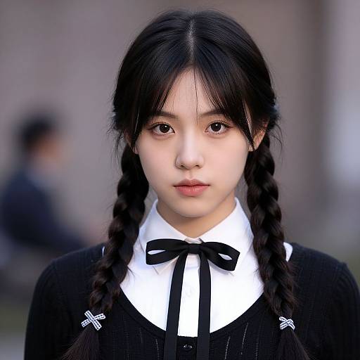 Photograph of an East Asian teenage girl with black braided hair, wearing a black school uniform with white collar and ribbon, softly focused background, serious