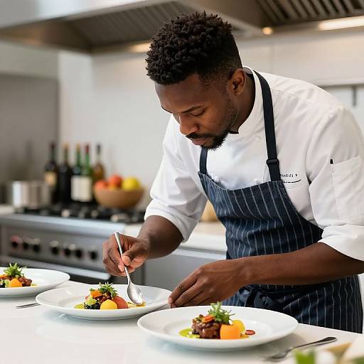 Photograph of a Black male chef with short curly hair, wearing a white shirt and blue pinstripe apron, plating gourmet dishes with colorful