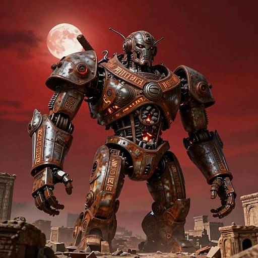 CGI image: Massive, metallic robot with Greek letter accents stands under a red moon, destroying a ruined cityscape. Red sky, dark atmosphere.