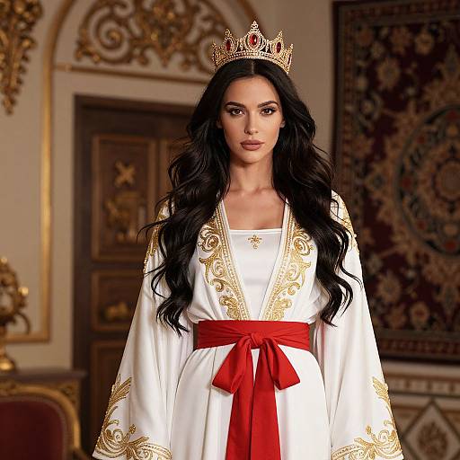 Photorealistic digital image of a regal woman with long black hair, wearing a gold crown, white ornate robe with gold embroidery, and red