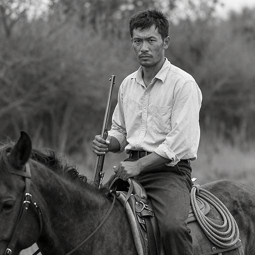 Serious Man on Horseback Holding Rifle