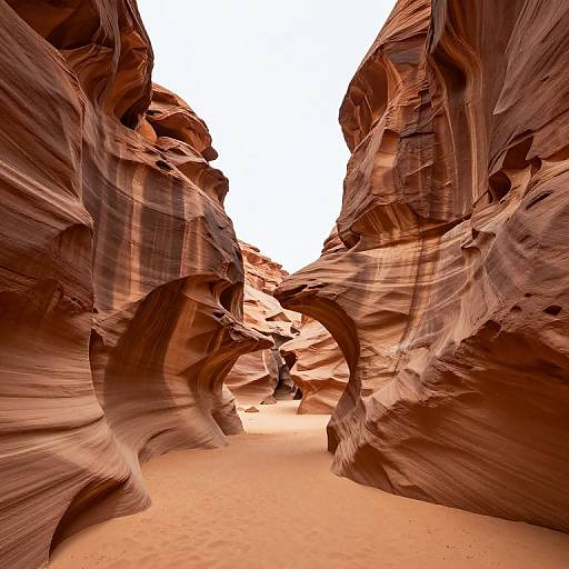 Photograph of a narrow, red rock canyon with smooth, curved walls and a bright white sky above, featuring a single hiker walking through an arch