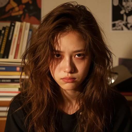 Photograph of a young woman with messy brown hair, somber expression, dimly lit, wearing a black shirt, bookshelf and posters in background