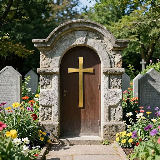 Stone Tomb Entrance with Golden Cross
