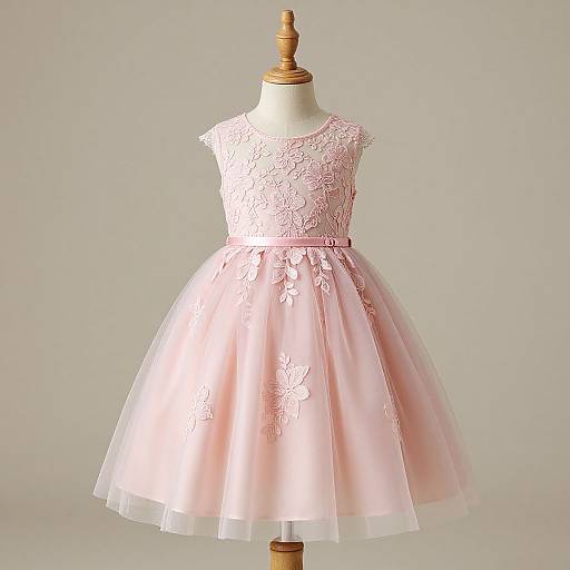 Photograph of a pink lace and tulle sleeveless dress displayed on a wooden mannequin against a plain gray background.