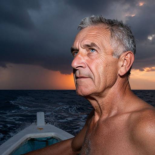 Photograph of an elderly, shirtless man with gray hair and tanned skin, gazing at a dramatic sunset over the ocean from a boat.