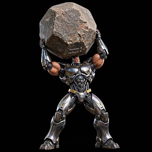 CGI image of a muscular, metallic robot lifting a large, rough rock with both arms, standing against a black background.