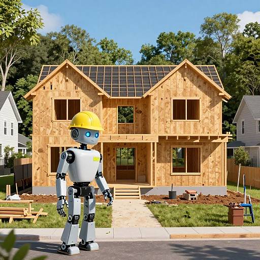 CGI image of a yellow-helmeted robot standing in front of a wooden, two-story house under construction, with trees and other houses in the
