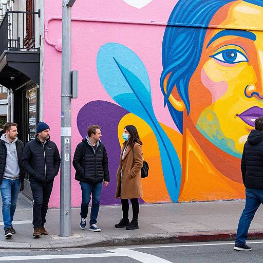 Photograph of five people walking past a vibrant, colorful mural on a pink wall featuring a large, abstract, orange-eyed face. Urban street setting,