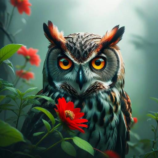 Majestic Owl with Orange Eyes and Red Flowers