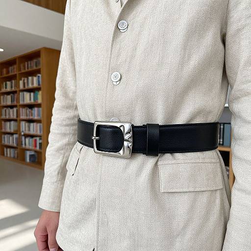 Photograph of a person in a light beige, buttoned, long-sleeve blazer with a black leather belt and silver buckle, standing in