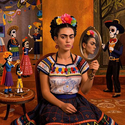Digital art of a Mexican woman with dark hair, colorful flower crown, embroidered dress, holding mirror, surrounded by sugar skull figures and vibrant decorations in a