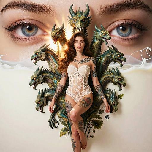 Photograph of a tattooed woman in white lace lingerie, seated between four dragon heads, with large blue eyes in background.