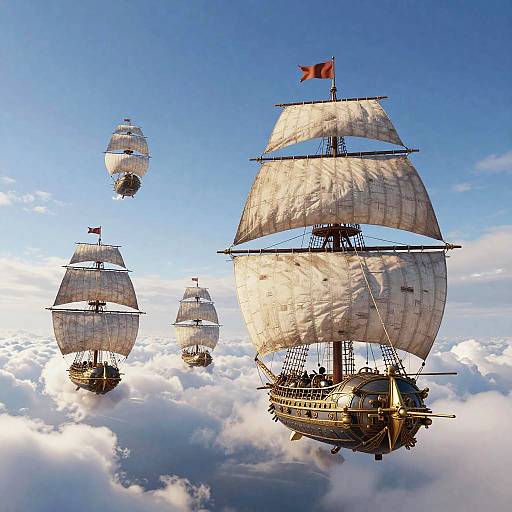 Photograph of three historic wooden sailing ships with white sails flying red flags, soaring above fluffy clouds against a bright blue sky.