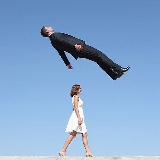 Photograph of a woman in a white dress holding a man in a black suit, who is floating upside down against a clear blue sky.