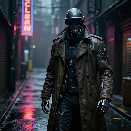 Cyberpunk alleyway at night: rain-soaked street, neon 