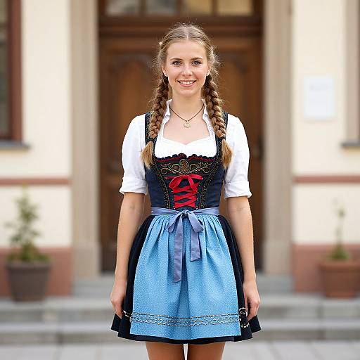 Photograph of a smiling young woman with braided brown hair, wearing a traditional Bavarian dirndl with blue skirt, black corset, white blouse