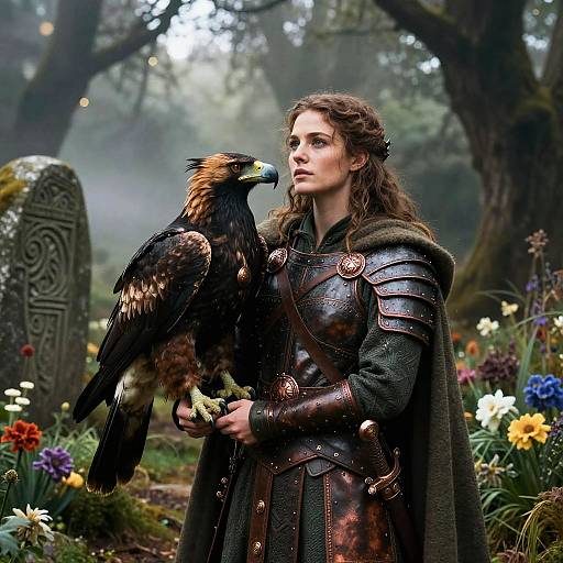 Ancient Celtic Warrior Queen with Raptor in Misty Forest