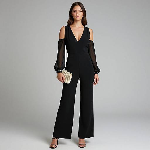 Photograph of a woman with long dark hair, wearing a black off-shoulder jumpsuit, holding a white woven clutch, standing against a plain