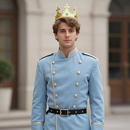 Photograph of a young white man with wavy brown hair, wearing a light blue military-style uniform and a gold crown, standing in front of a