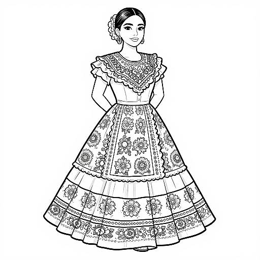 Black and white line drawing of a woman with dark hair in an elegant, multi-layered, floral-patterned dress with ruffled shoulders.