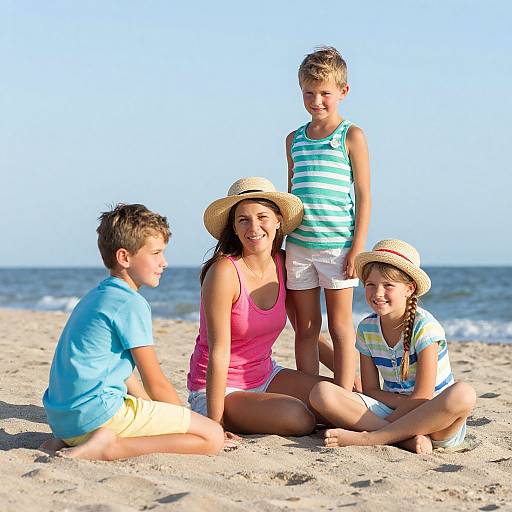 Photograph of a smiling family on a sunny beach: mother in pink tank top and straw hat, two boys and girl in casual summer clothes, standing
